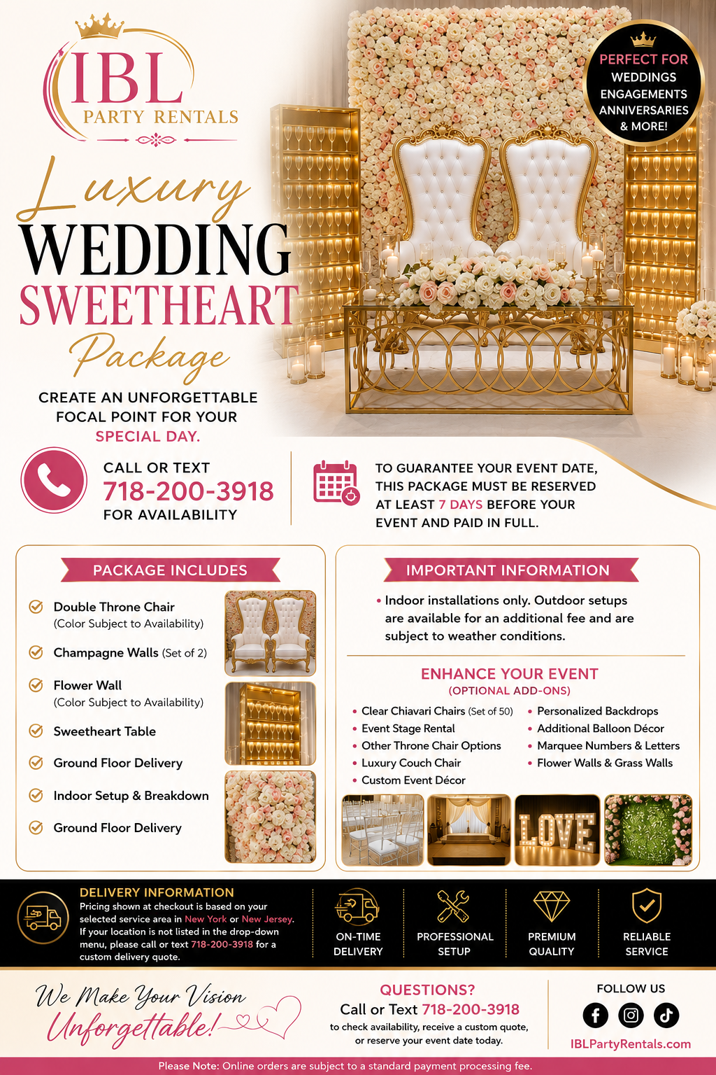 Luxury Wedding Sweetheart Table Package with Throne, Flower & Champagne Walls