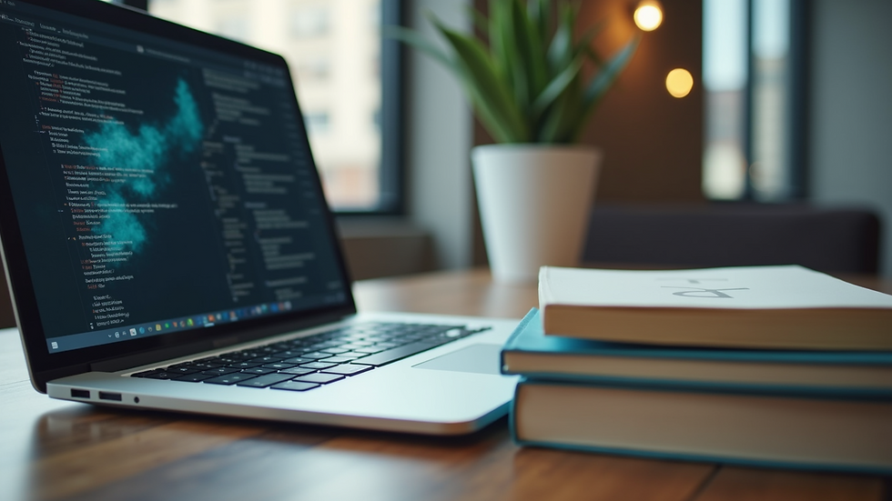 Eye-level view of a modern workspace with a laptop and AI-related books