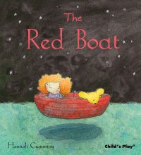 White child with ginger curls sits in a red wooden boat with her teddy bear. Twilight background.