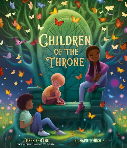3 children, 2 Black and 1 white (with glasses) sit on a huge green throne with branches. Surrounded by butterflies & flowers