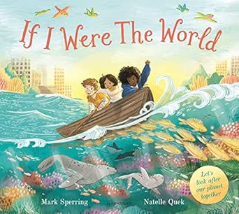 3 children, different skin tones, in small boat, ride wave crest. Sea life beneath. Background urban setting.