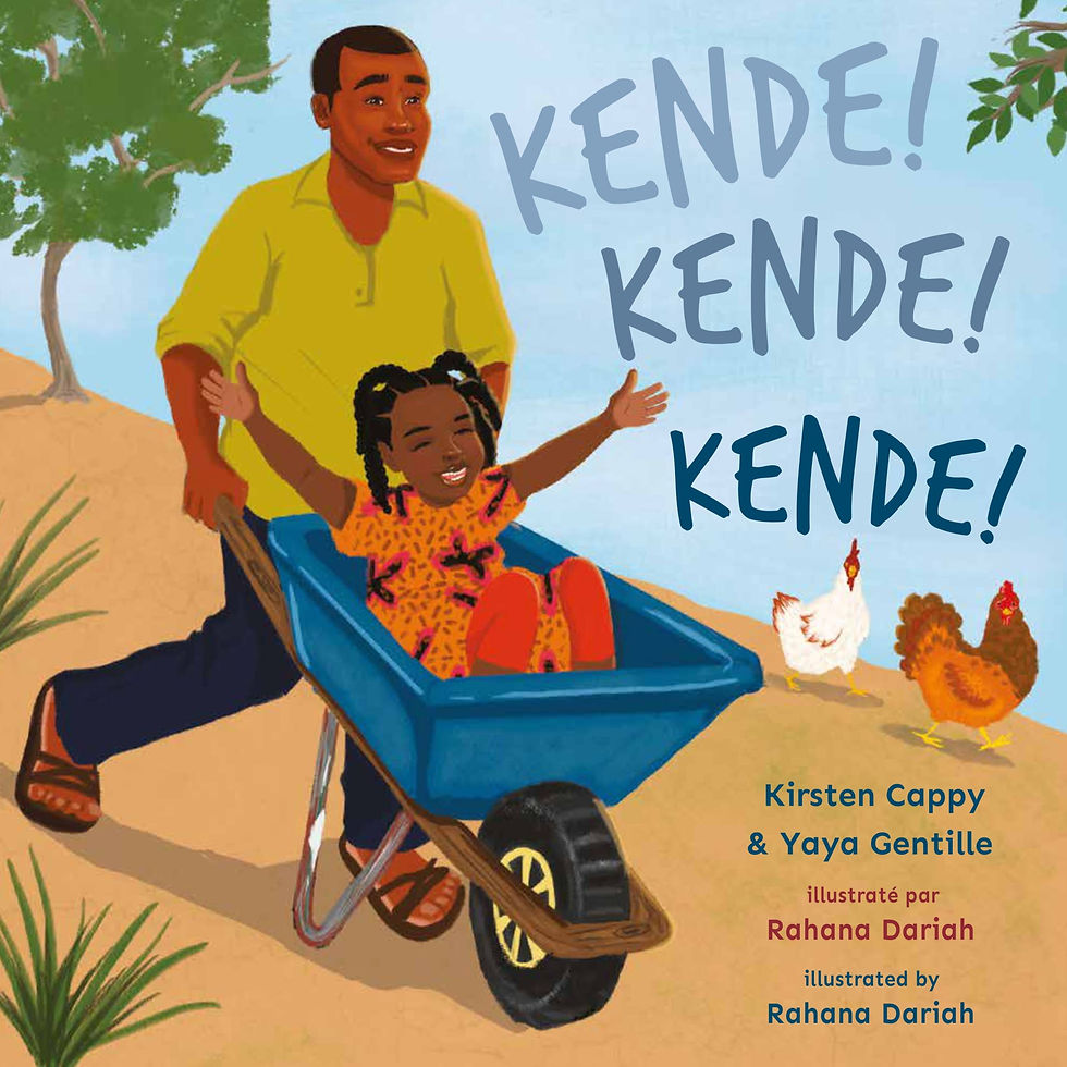 Dad pushes daughter, laughing, in blue wheelbarrow. Characters of colour. Two curious hens look on.