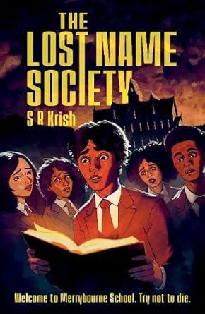5 children of colour, in school uniforms, faces lit up by glow coming from an open book. Gothic house silhouette. Night sky