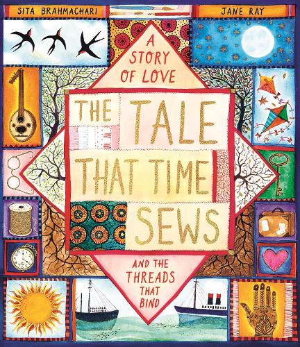 Gold title. Bright multicoloured quilt blocks of many icons eg: swallow, key, star, spool, boats, clock. Gold embossed deets