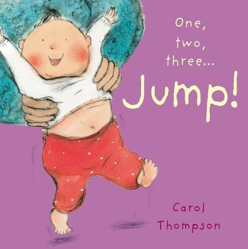 A gleeful toddler is held gently under the arms by an (unseen) adult as they spring off the ground.