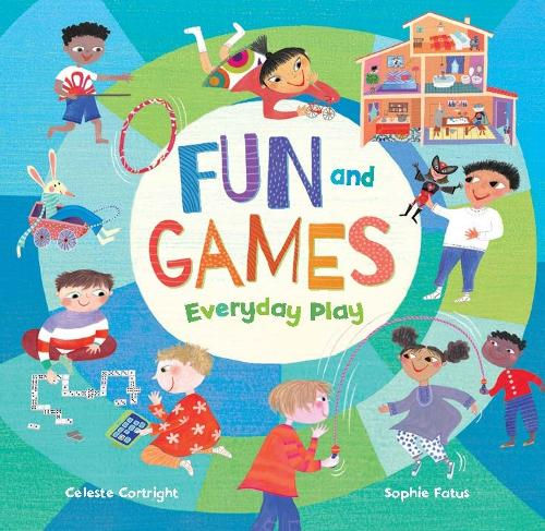 Spiral blues and greens. 8 children, different skin tones, play variety of games eg:hoop, skipping, dominoes, dolls' house.