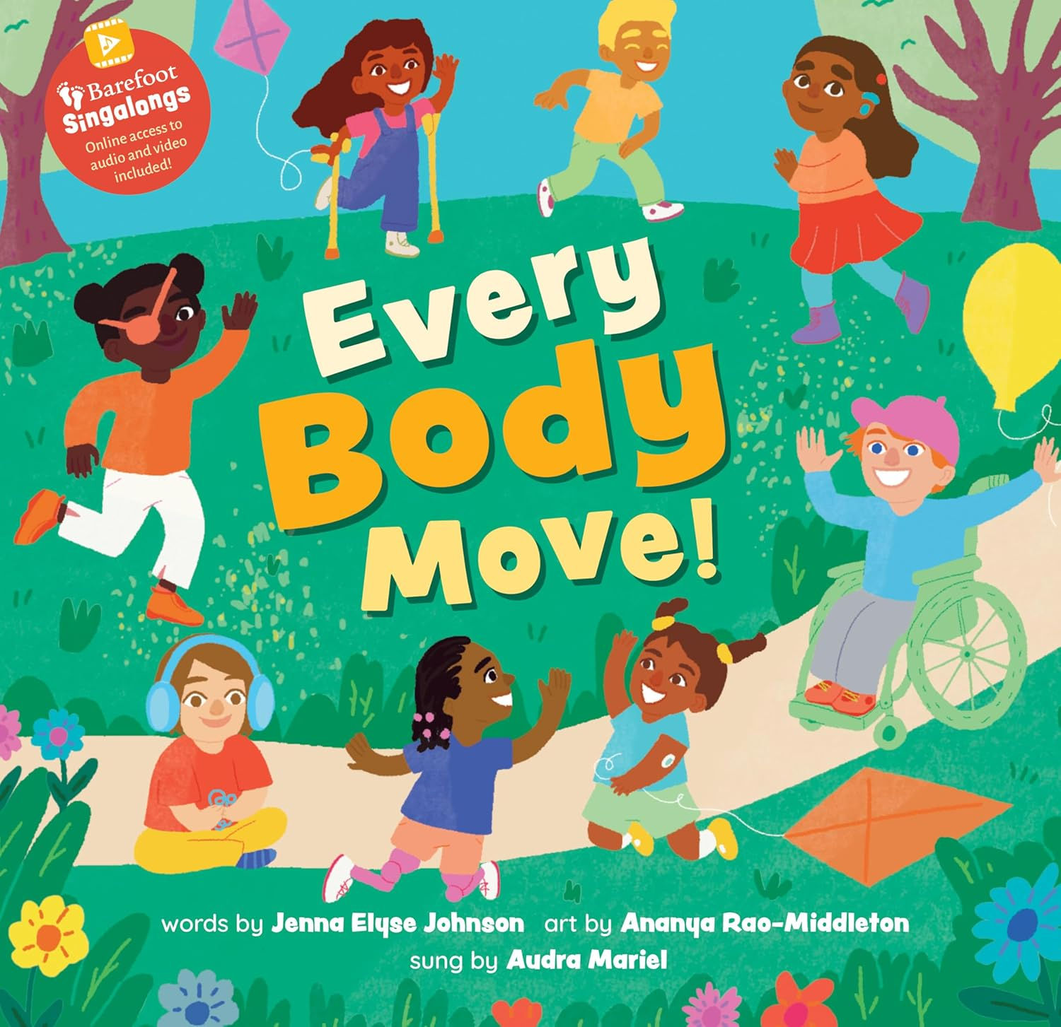 8 children, different skin tones, play outside using various aids including crutches, wheelchair,eye patch, hearing aid etc.