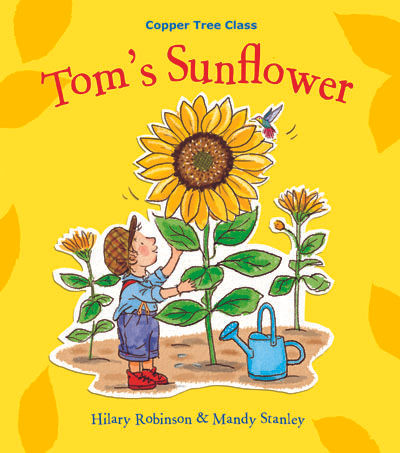A white child with a peaked hat tends to a large sunflower. There is a watering can nearby.