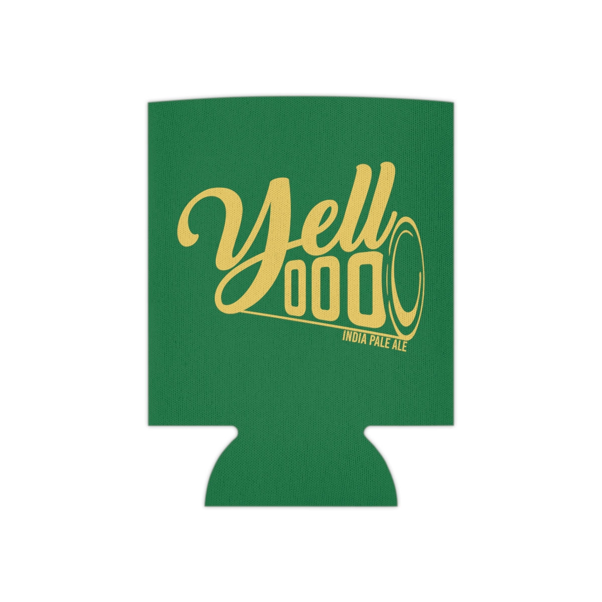 Dark Green Can Cooler with Yell-OOO text in yellow