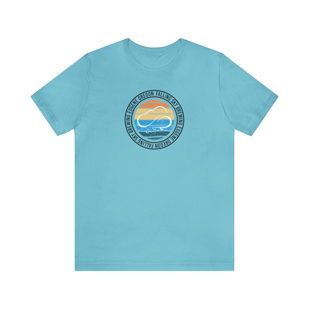 Turquoise T-shirt with Falling Sky logo against color stripes