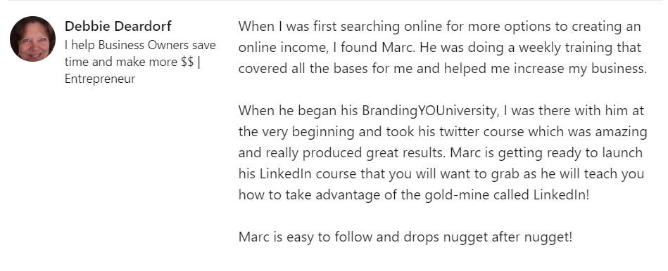 📝 Entrepreneur Testimonial by Debbie Deardorf for Joseph Marc Lalonde