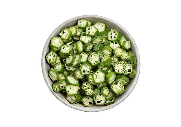 Sliced okra in white bowl