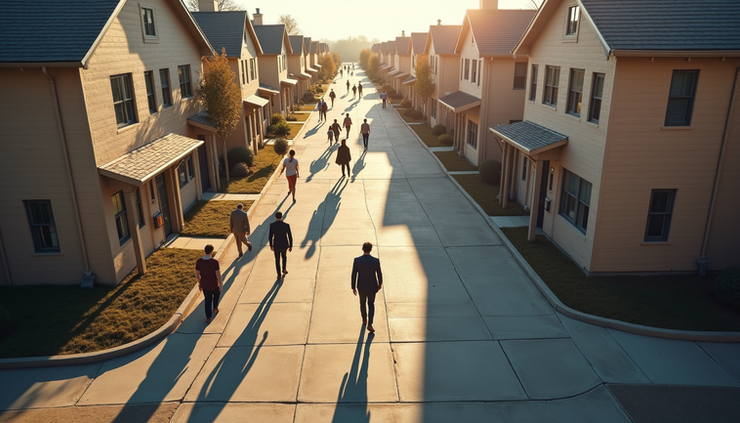High angle view of a government property auction site with potential buyers inspecting buildings