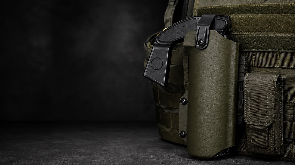 MK9 pepper spray in a green holster attached to a tactical vest