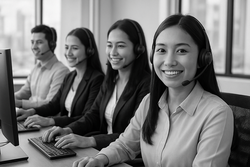 Black and white photo of four Filipino virtual assistants—three women and one man—sitting