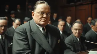 A white middle-aged man stands in a wood-panelled court. Behind him is a sea of white middle-aged men in grey suits.