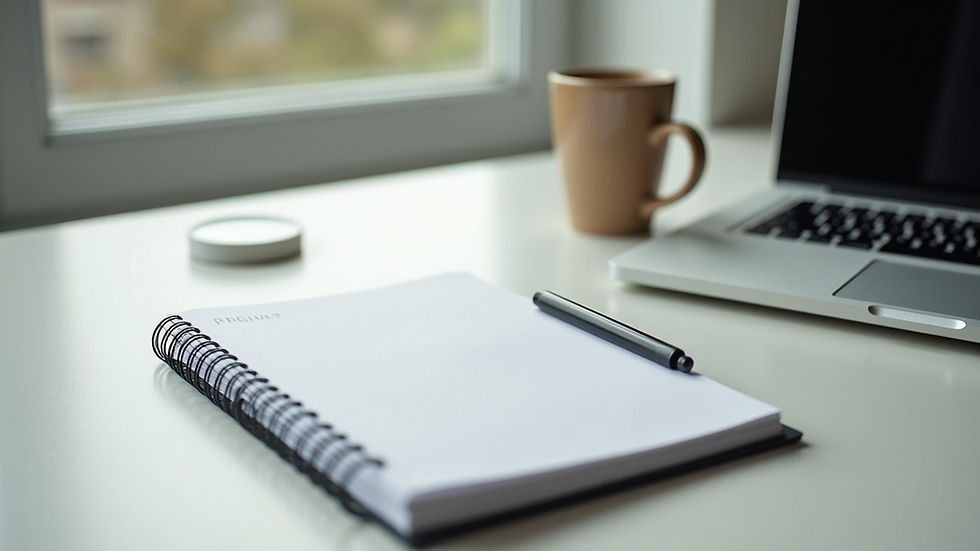 High angle view of a clean desk with a planner and coffee cup