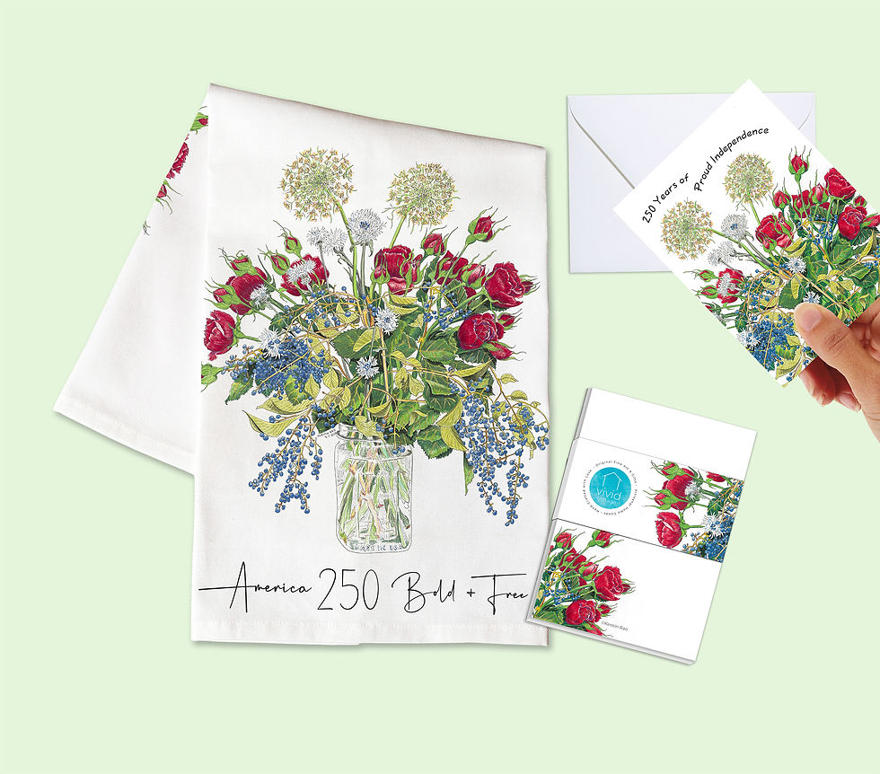 Thumbnail: Overview of floral tea towel, greeting card and notepad with red-white-and-blue bouquet