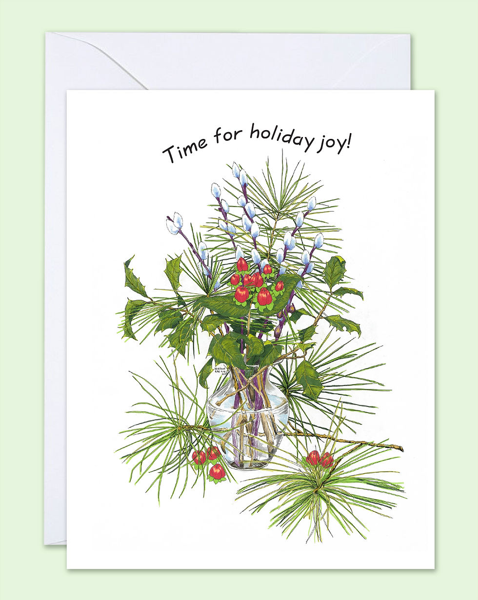 Greeting card with a pine and berry bouquet that reads Time for Holiday Joy!