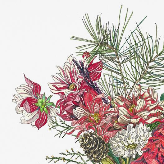 Closeup of illustration of red dahlias and green pine needles