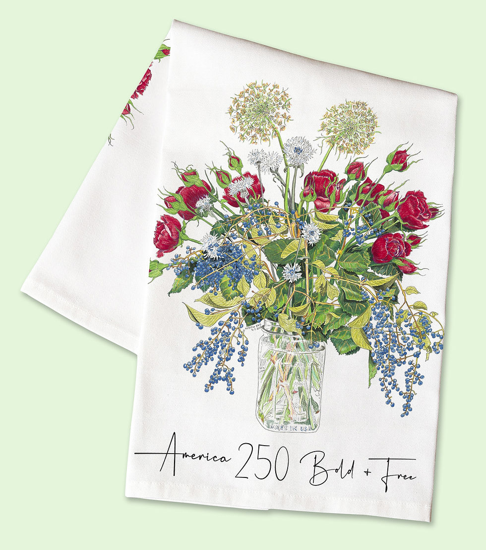 Top view of folded tea towel with red-white-and-blue bouquet and text America 250 Bold and Free