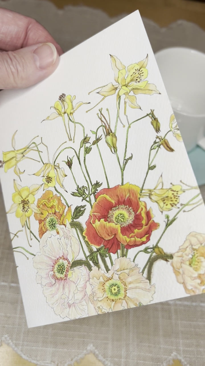 Thumbnail: Video of all sides of greeting card illustrated with coral poppies and columbine
