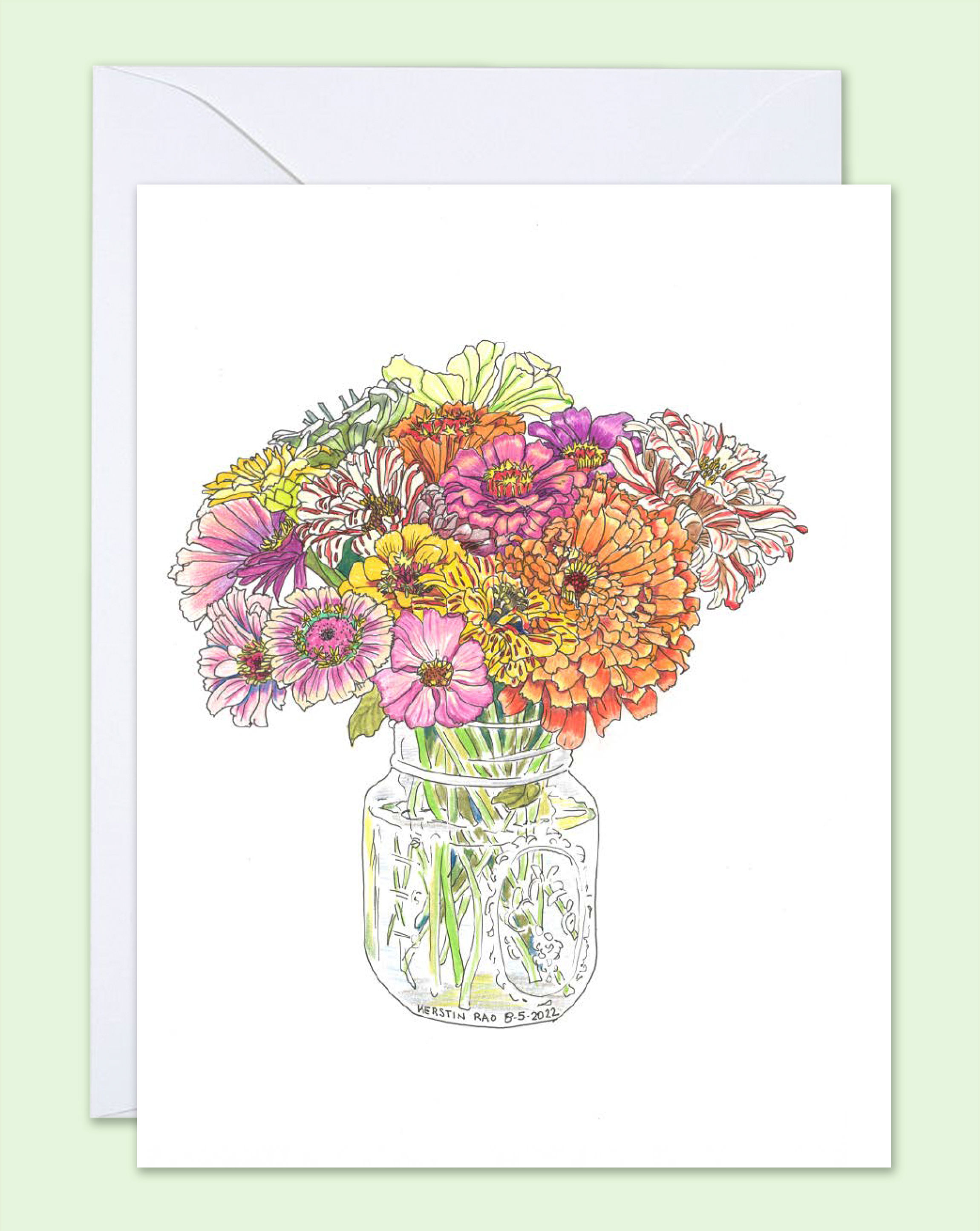 Greeting card with illustrated bouquet of colorful zinnias in a glass jar