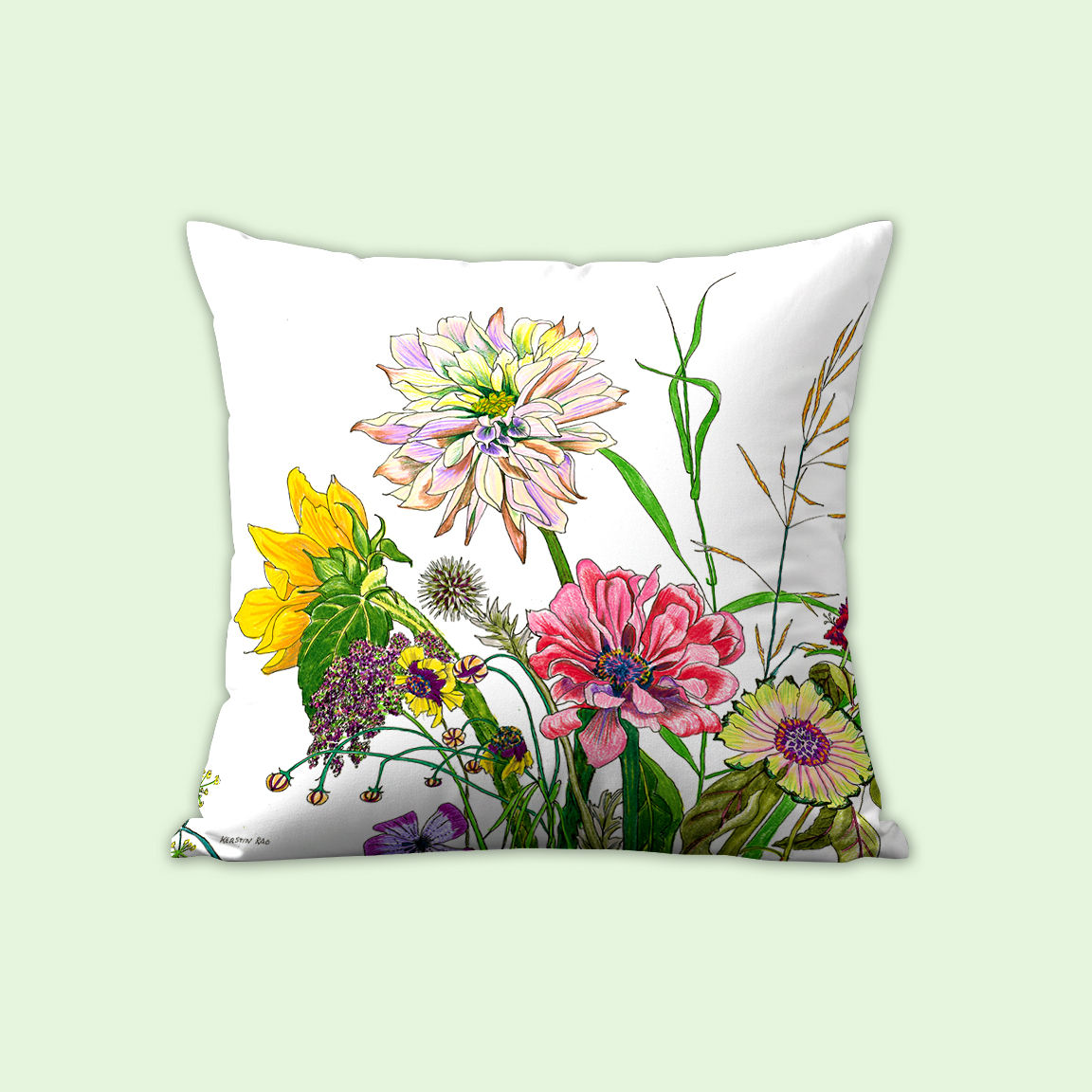 Pillowcase illustrated with Dahlia, Zinnia, Dianthus, Chrysanthemum, Aster, and Daisy