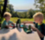Two little boys sitting at an outdoor picnic table. They are playing a game of Battleship.