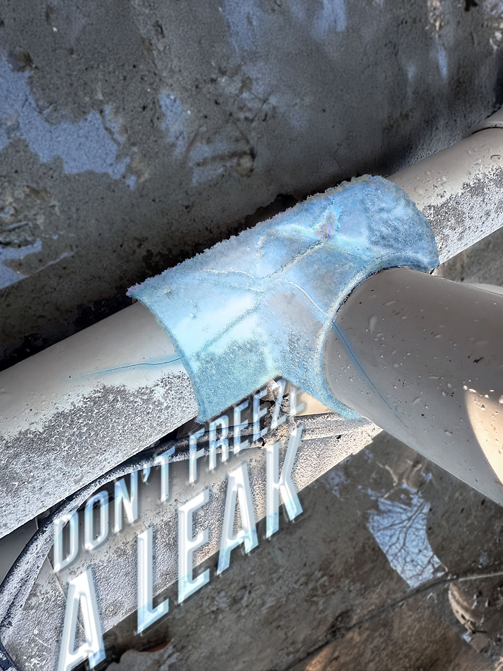 A visibly cracked pipe in a pool equipment's plumbing. The image has been edited so that the compromised PVC connector appears frozen with the text "Don't Freeze A Leak" under it.