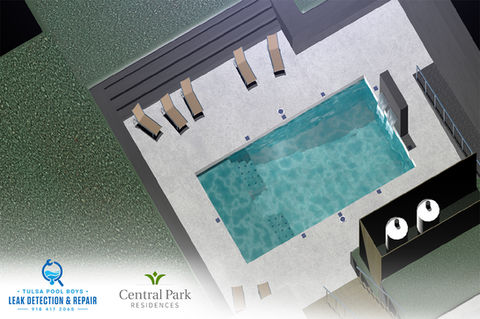 Top-down view of 3D digital rendering of a rectangular pool with gray decking