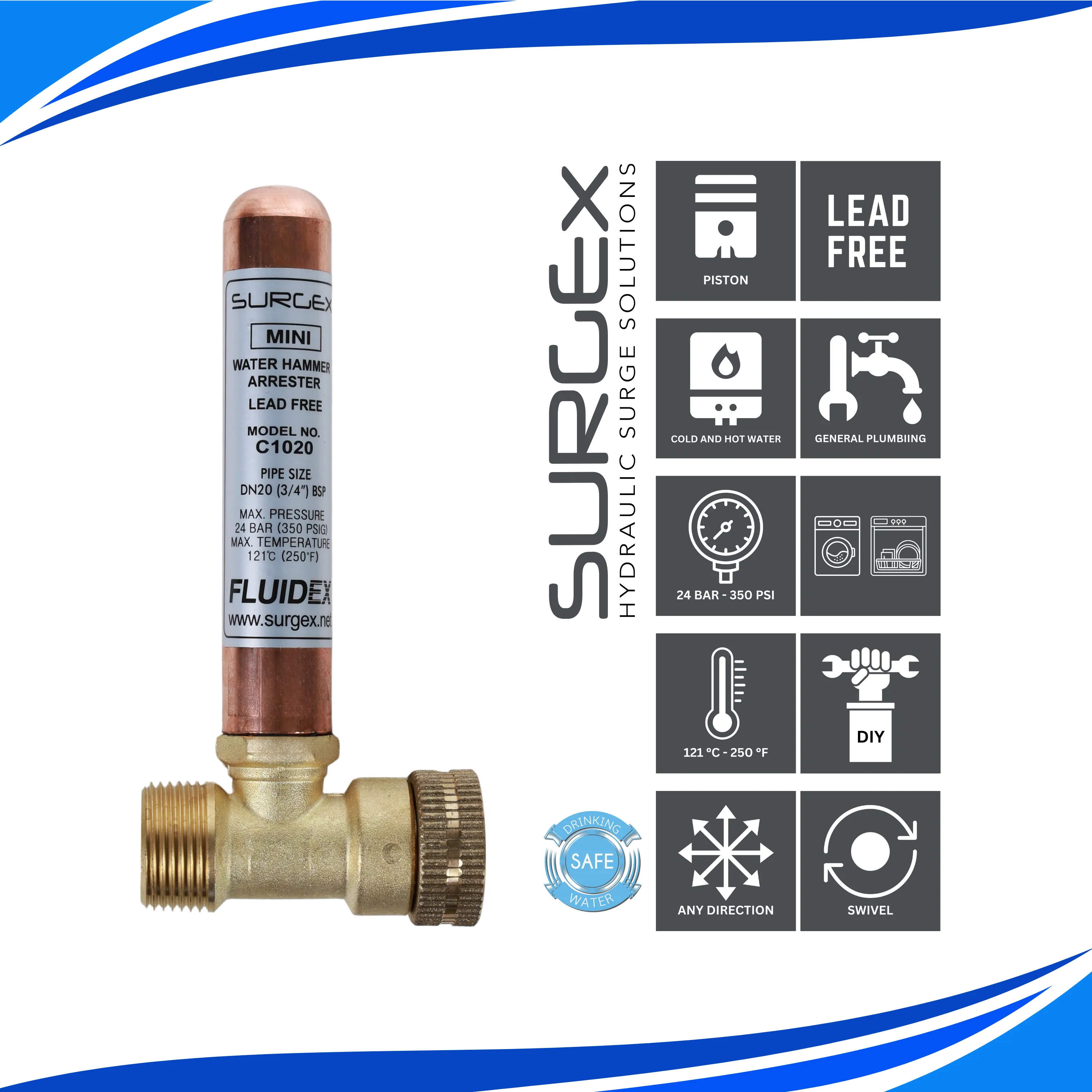 SURGEx C1020 Water Hammer Arrestor size AA Dishwasher / Washing machine 20mm SURGEx