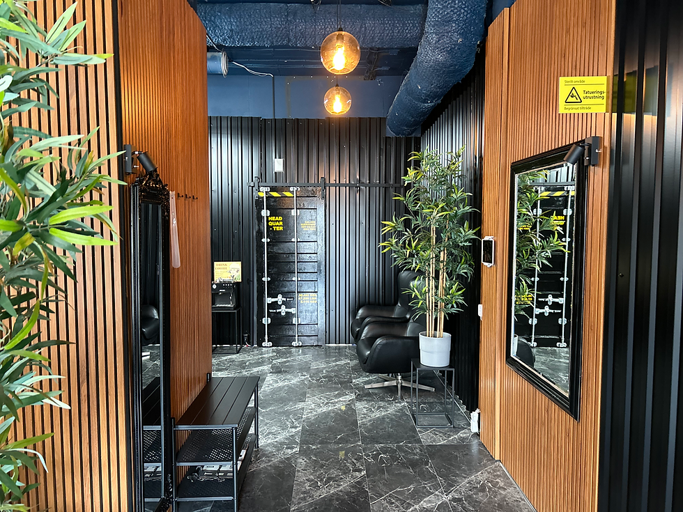 Eye-level view of a modern tattoo studio interior