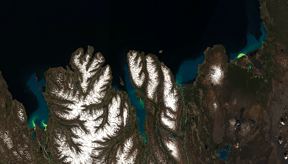 Figure 1: Image from the Ulyssys Water Quality Viewer (UWQV) retrieved by Sentinel-2 MSI over Northeast Iceland on 18 May 2025. It visualizes the chlorophyll-a and sediment conditions of water bodies. The chlorophyll-a content ranges in colors from dark blue (low values) through green to red (high values). Sediment concentrations are colored brown. For more information see here. The image was extracted from the Copernicus Browser (see “How to access satellite data?” below).