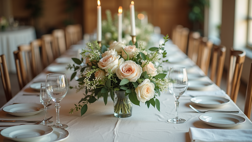 Eye-level view of a beautifully decorated wedding table with elegant floral arrangements