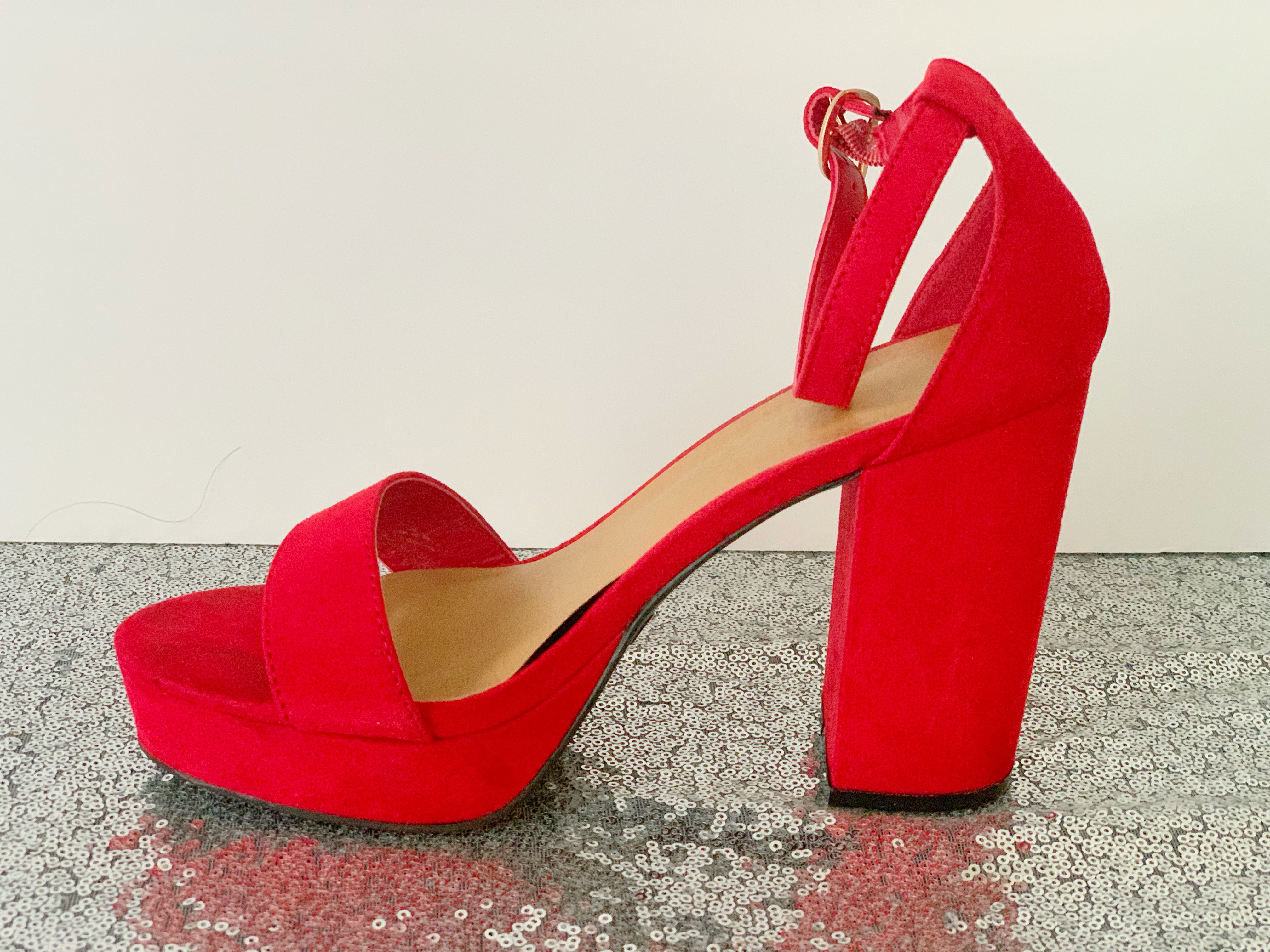 Red ankle strap high heel sandal