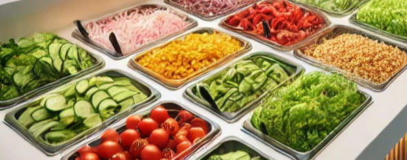 Eye-level view of a meal prep container filled with colorful, healthy ingredients