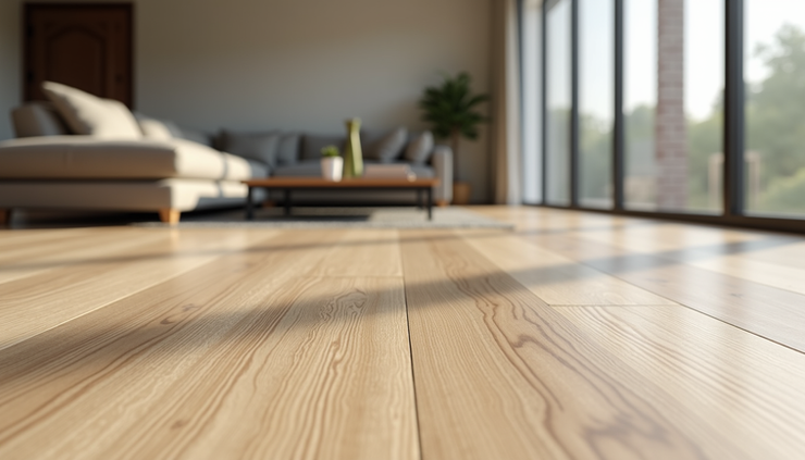 Close-up view of luxury vinyl flooring with wood grain texture in a modern living room
