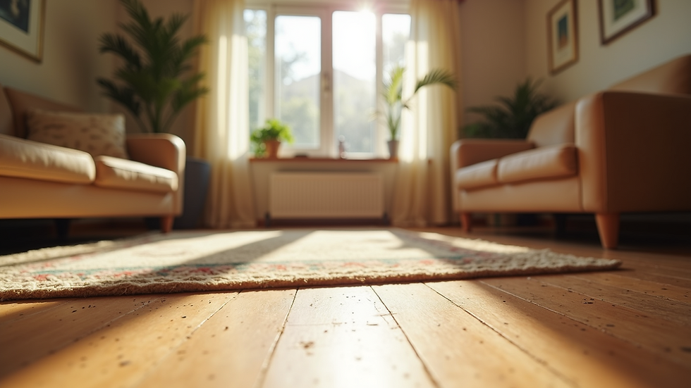 Eye-level view of a cozy living room with cork flooring and natural light