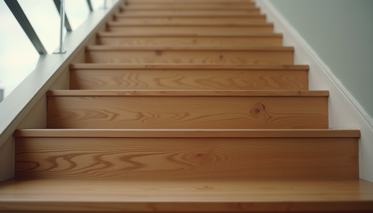 Close-up view of polished wooden stair treads and risers in a modern home
