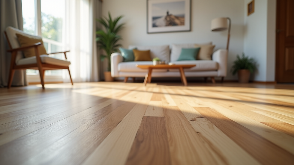Eye-level view of hardwood floor installation in a modern living room