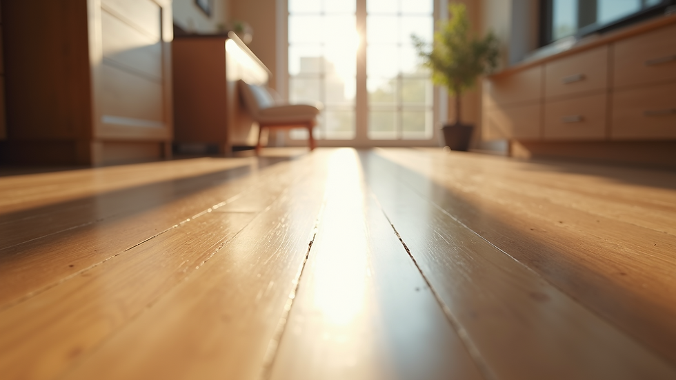 Eye-level view of hardwood floor with satin finish reflecting soft light
