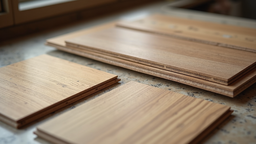 High angle view of flooring samples laid out on a table