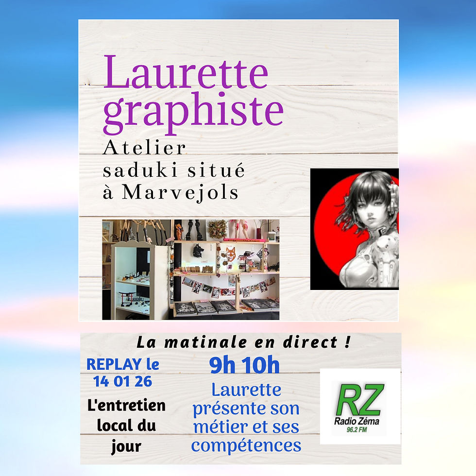 L'entretien local du jour (14 01 26) - Laurette designer graphiste, un atelier à Marvejols.  👉Son métier, ses compétences, une personnalité locale en Lozère!  👉Replay disponible sur radiozema.com !