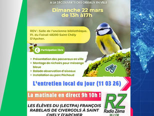 L'entretien local du jour (11 03 26) Les élèves du (LEGTPA) François Rabelais de Civergols à Saint Chely d’Apcher. Ils nous présentent le projet nature l’oiseau perché, dates, infos, horaires et lieux de rendez-vous! Replay avant 12h sur radiozema.com ! #replay #news #actuslocales #nature #environnement