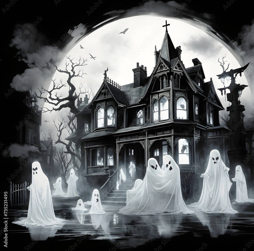 A blacka nd white illustration of a victorian house with ghosts in the yard