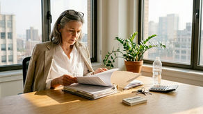 Un gestionnaire immobilier examine attentivement des contrats de location sur son bureau.