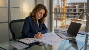 Un chef de projet passe en revue les plans dans le bureau de chantier.