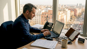 Un gestionnaire de biens immobiliers en train de traiter ses dossiers sur son ordinateur, installé à son bureau.