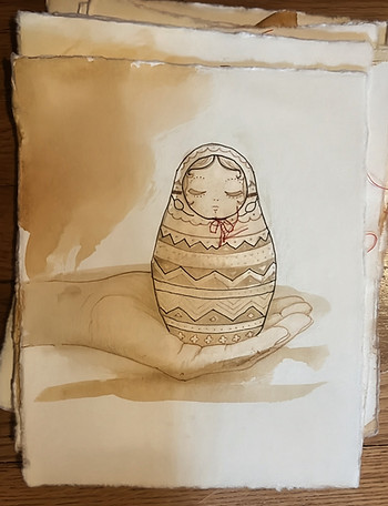 A sepia-toned illustration of a Russian nesting doll resting in a child's ourstretched hand.